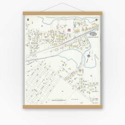 Old map wall art mockup — magnetic wood frame on white wall — Sanborn Fire Insurance Map from Maynard, Middlesex County, Massachusetts (1924), Sheet #0009