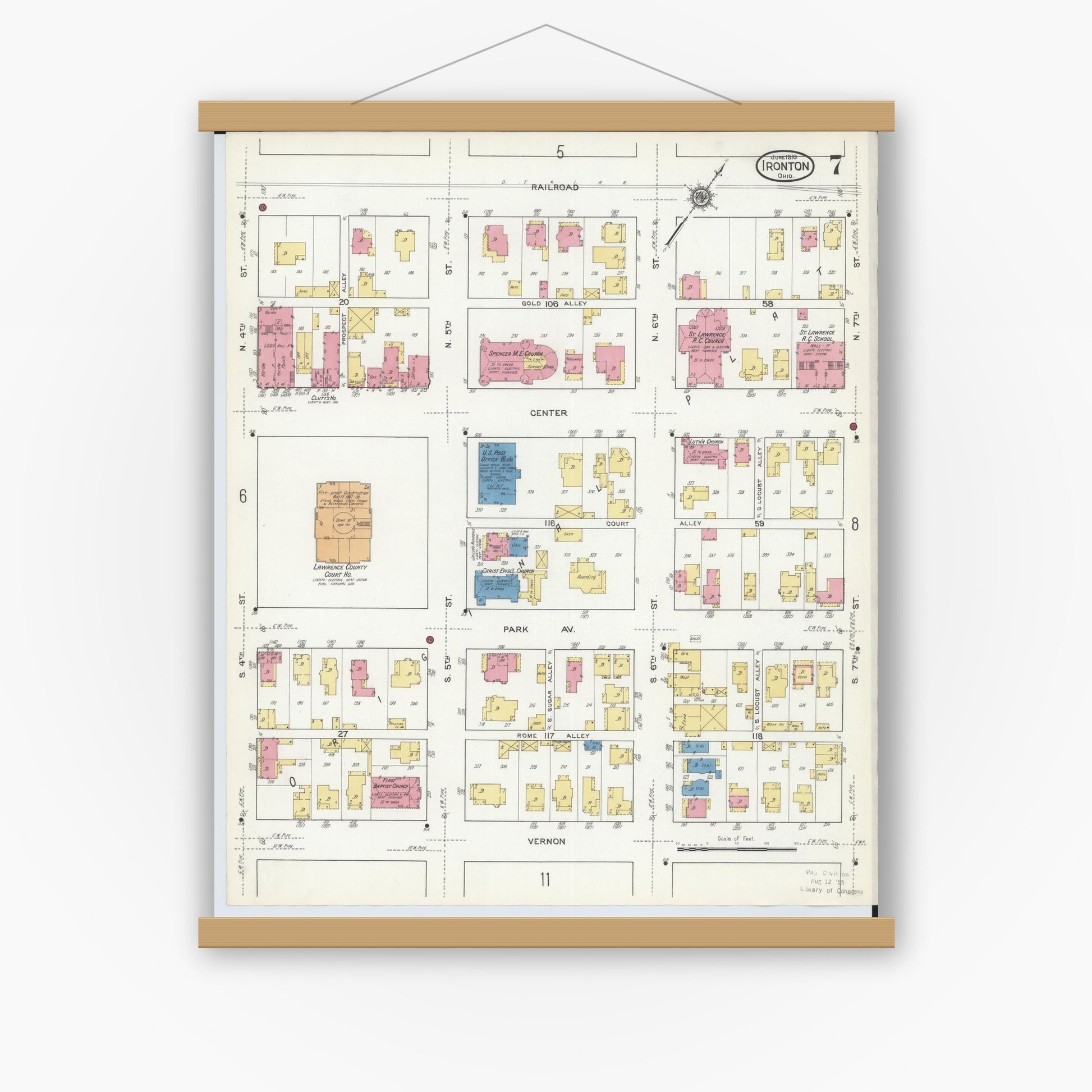 Old map wall art mockup — magnetic wood frame on white wall — Sanborn Fire Insurance Map from Ironton, Lawrence County, Ohio (1916), Sheet #0007