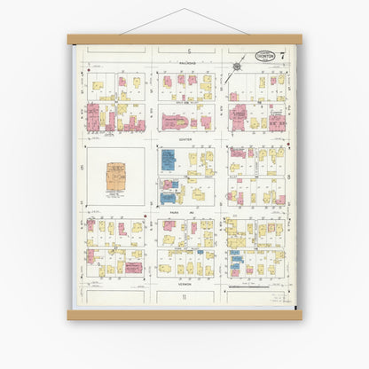 Old map wall art mockup — magnetic wood frame on white wall — Sanborn Fire Insurance Map from Ironton, Lawrence County, Ohio (1916), Sheet #0007