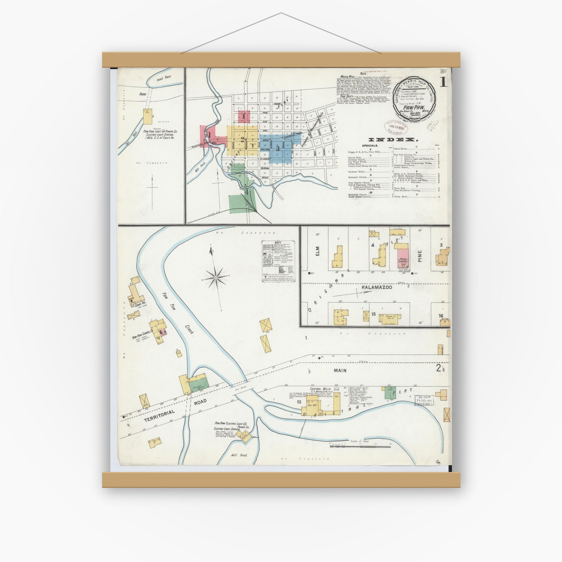 Old map wall art mockup — magnetic wood frame on white wall — Sanborn Fire Insurance Map from Paw Paw, Van Buren County, Michigan (1899) - Complete Map Set