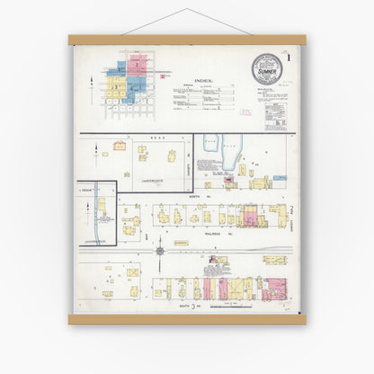 Old map wall art mockup — magnetic wood frame on white wall — Sanborn Fire Insurance Map from Sumner, Lawrence County, Illinois (1912), Sheet #0001