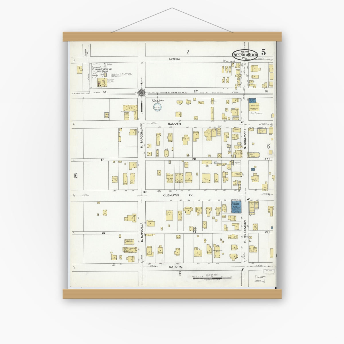 Old map wall art mockup — magnetic wood frame on white wall — Sanborn Fire Insurance Map from West Palm Beach, Dade County, Florida (1920), Sheet #0005