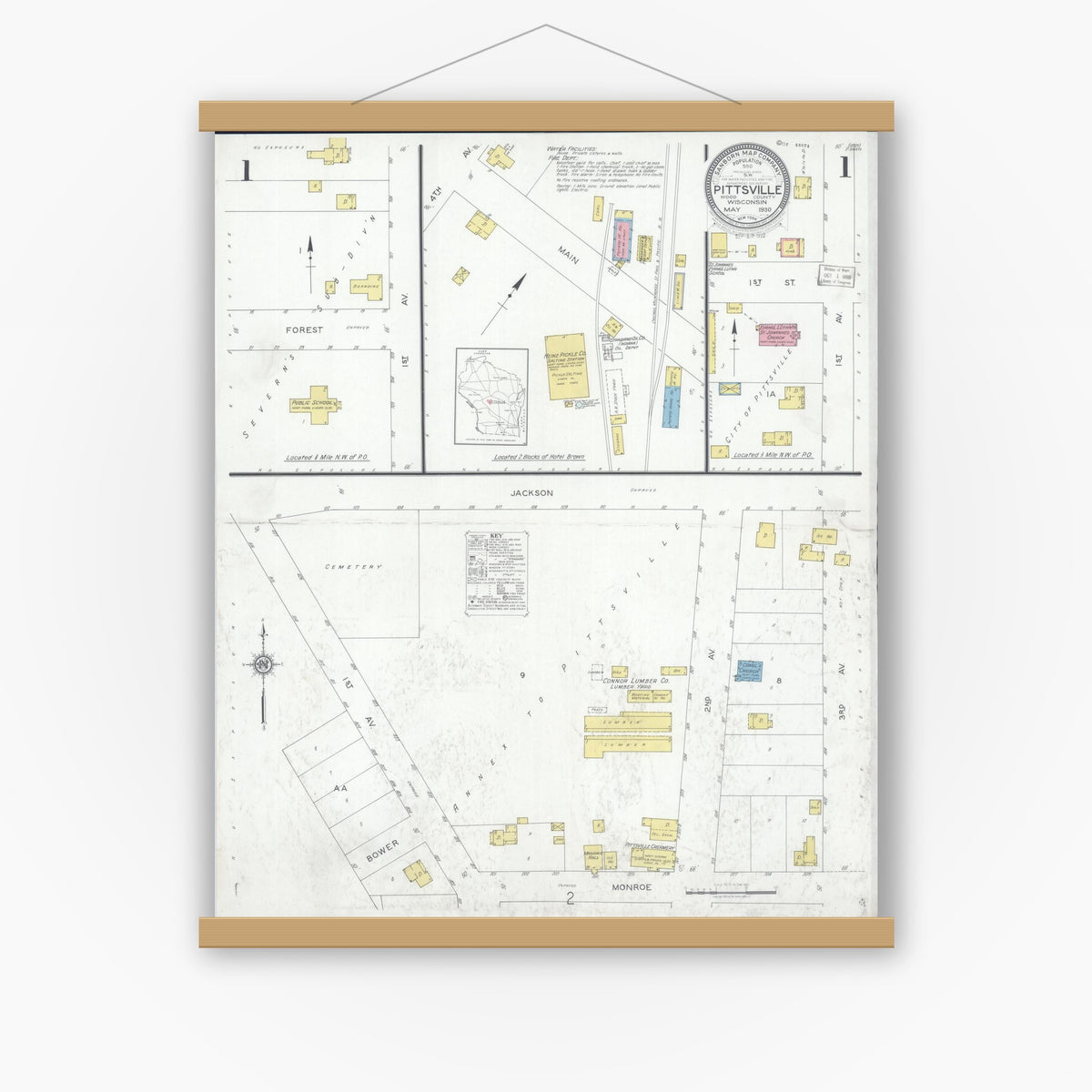 Old map wall art mockup — magnetic wood frame on white wall — Sanborn Fire Insurance Map from Pittsville, Wood County, Wisconsin (1930), Sheet #0001
