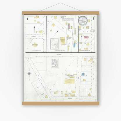 Old map wall art mockup — magnetic wood frame on white wall — Sanborn Fire Insurance Map from Pittsville, Wood County, Wisconsin (1930), Sheet #0001