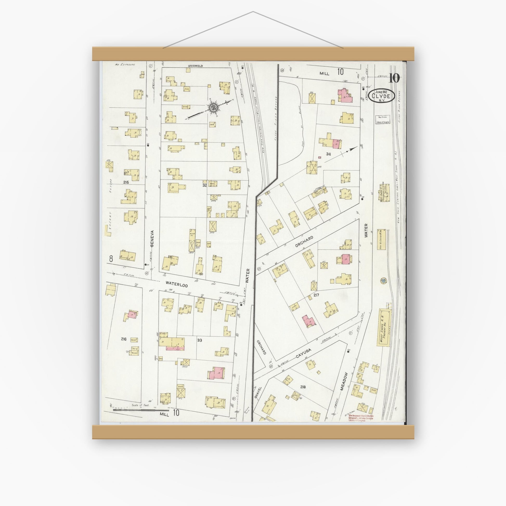 Old map wall art mockup — magnetic wood frame on white wall — Sanborn Fire Insurance Map from Clyde, Wayne County, New York (1912), Sheet #0010