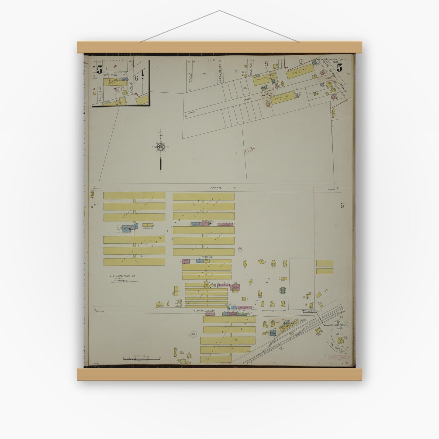Old map wall art mockup — magnetic wood frame on white wall — Sanborn Fire Insurance Map from New Providence, Union County, New Jersey (1944), Sheet #0005