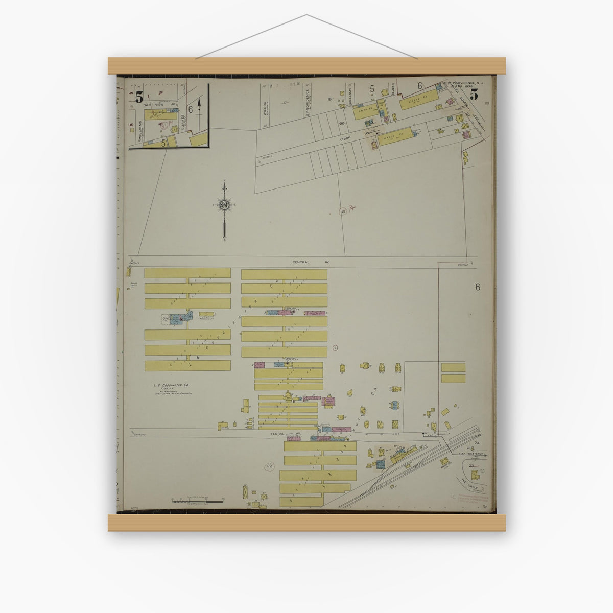 Old map wall art mockup — magnetic wood frame on white wall — Sanborn Fire Insurance Map from New Providence, Union County, New Jersey (1944), Sheet #0005