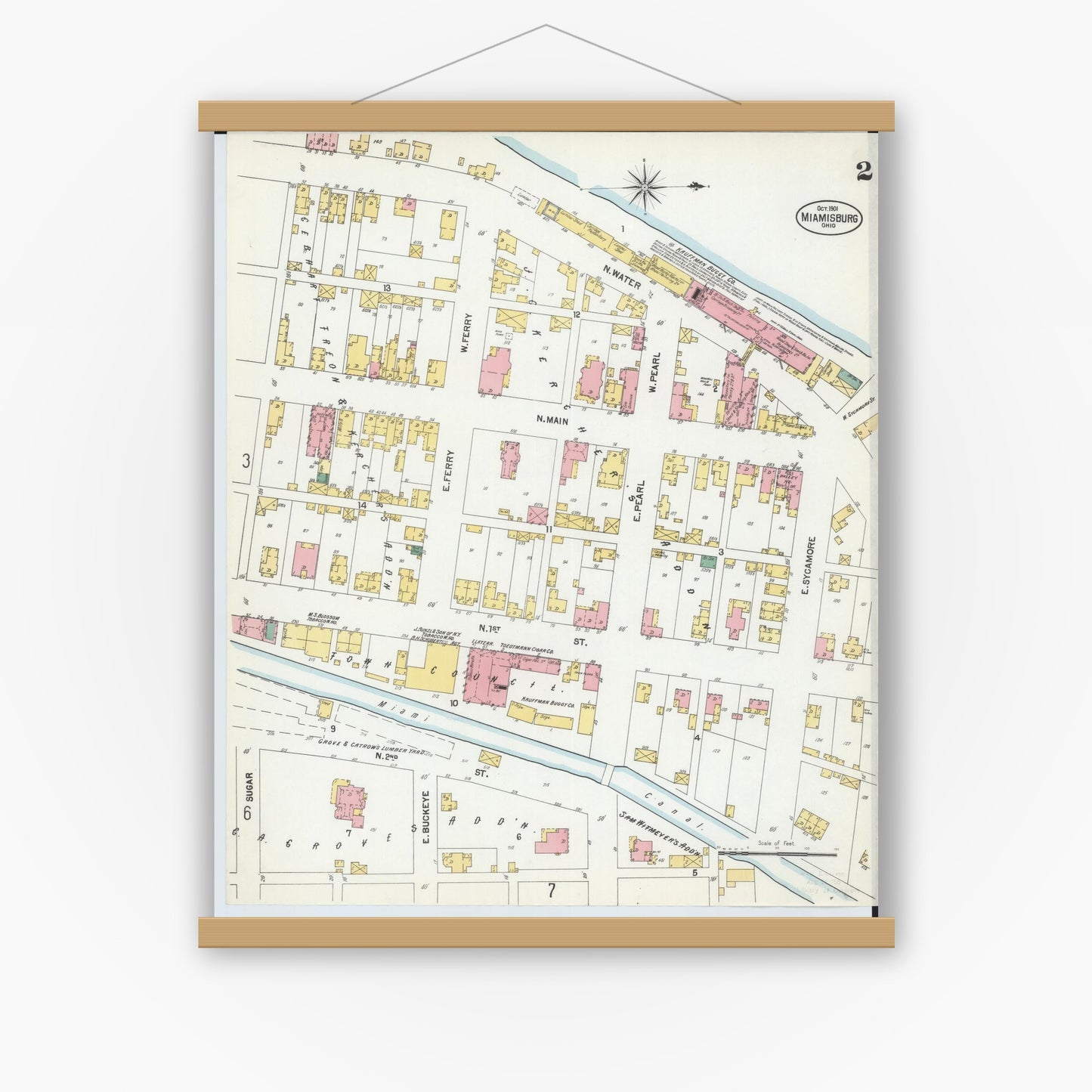 Old map wall art mockup — magnetic wood frame on white wall — Sanborn Fire Insurance Map from Miamisburg, Montgomery County, Ohio (1901), Sheet #0002