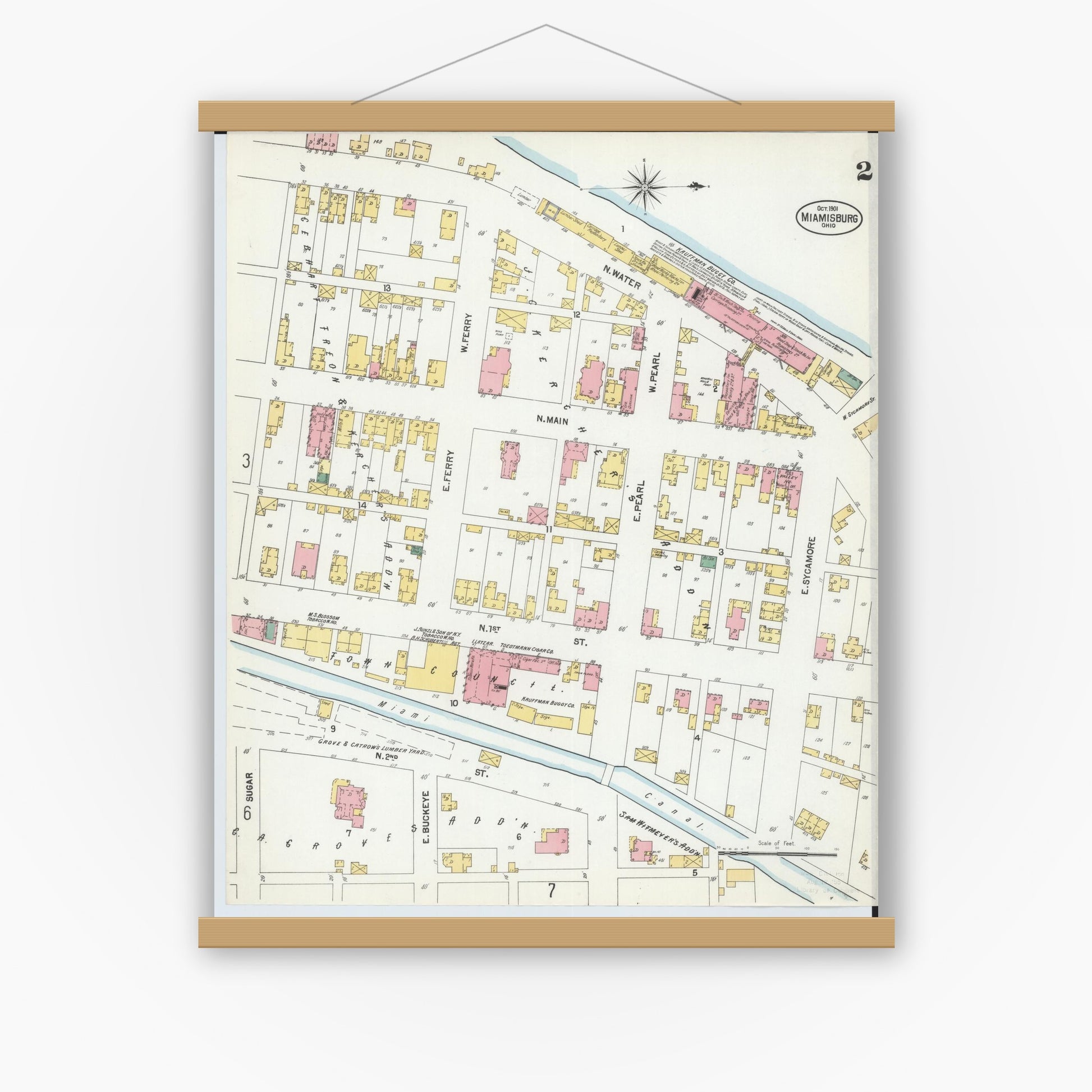 Old map wall art mockup — magnetic wood frame on white wall — Sanborn Fire Insurance Map from Miamisburg, Montgomery County, Ohio (1901), Sheet #0002