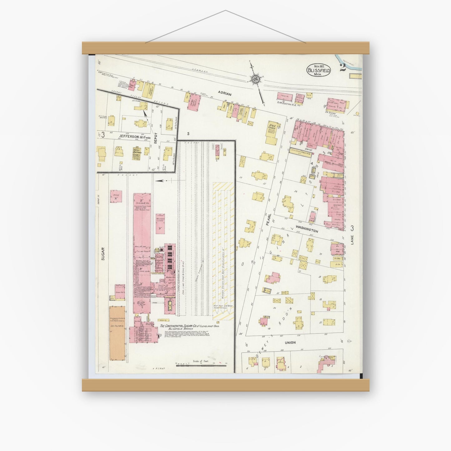 Old map wall art mockup — magnetic wood frame on white wall — Sanborn Fire Insurance Map from Blissfield, Lenawee County, Michigan (1912), Sheet #0002