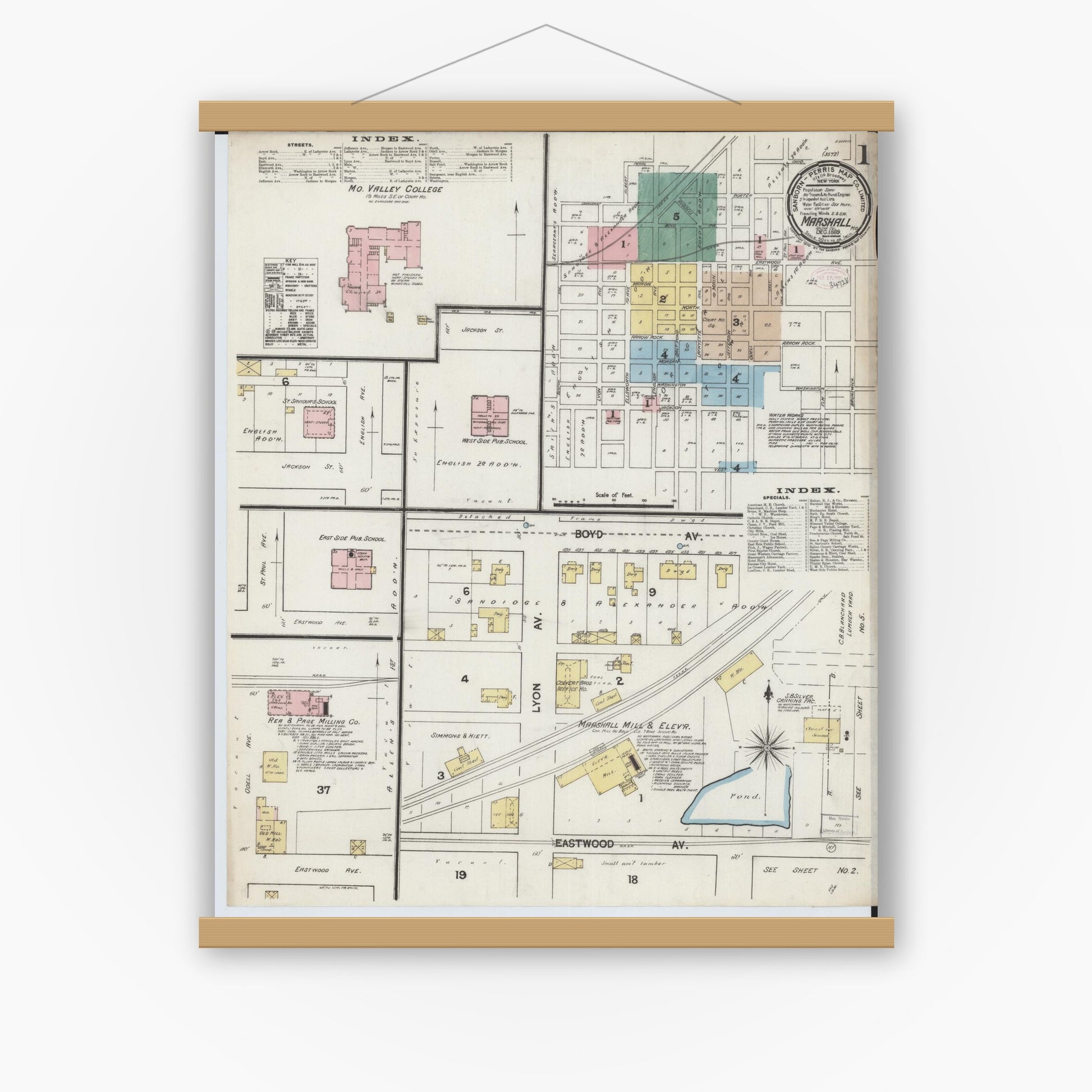 Old map wall art mockup — magnetic wood frame on white wall — Sanborn Fire Insurance Map from Marshall, Saline County, Missouri (1889) - Complete Map Set