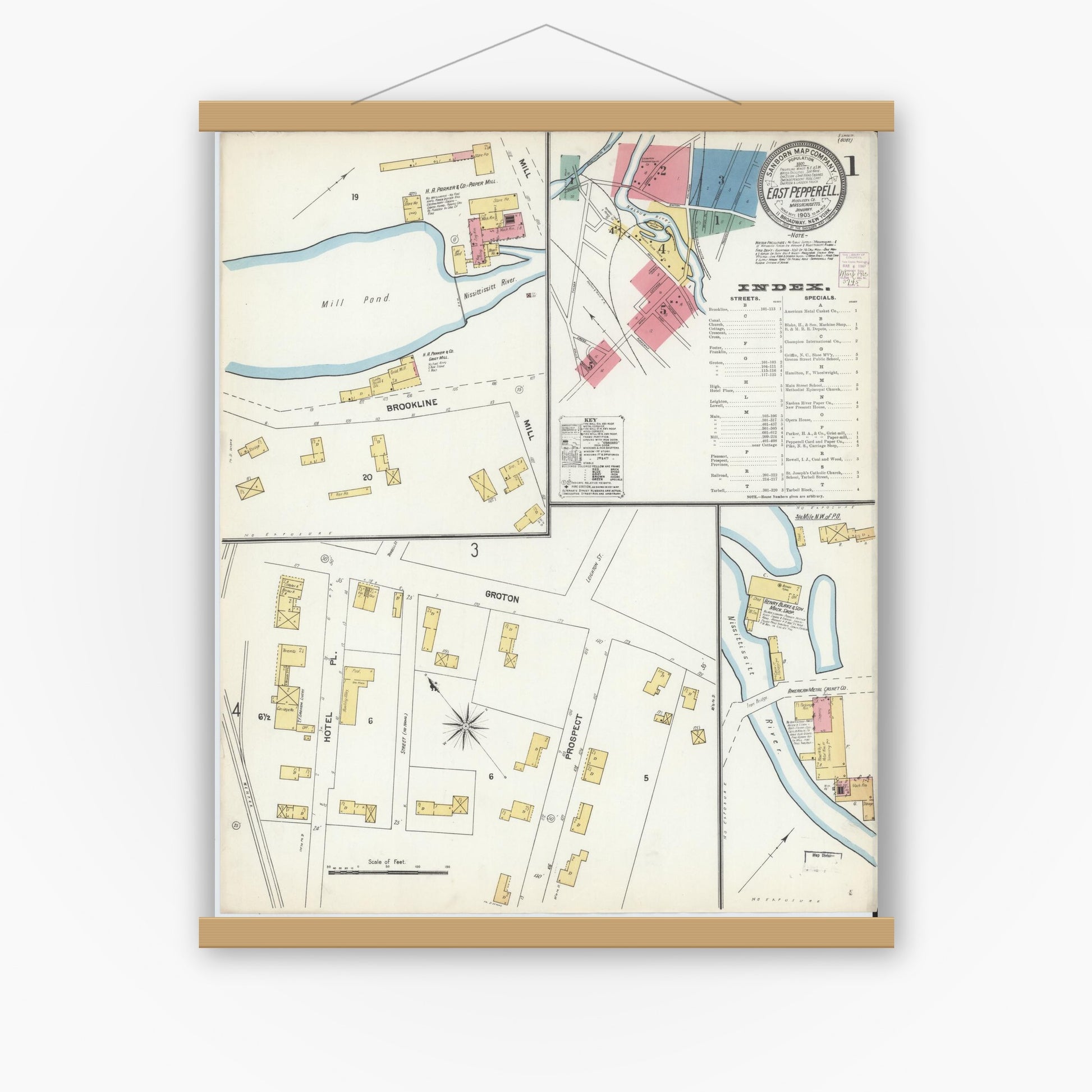 Old map wall art mockup — magnetic wood frame on white wall — Sanborn Fire Insurance Map from East Pepperell, Middlesex County, Massachusetts (1903) - Complete Map Set