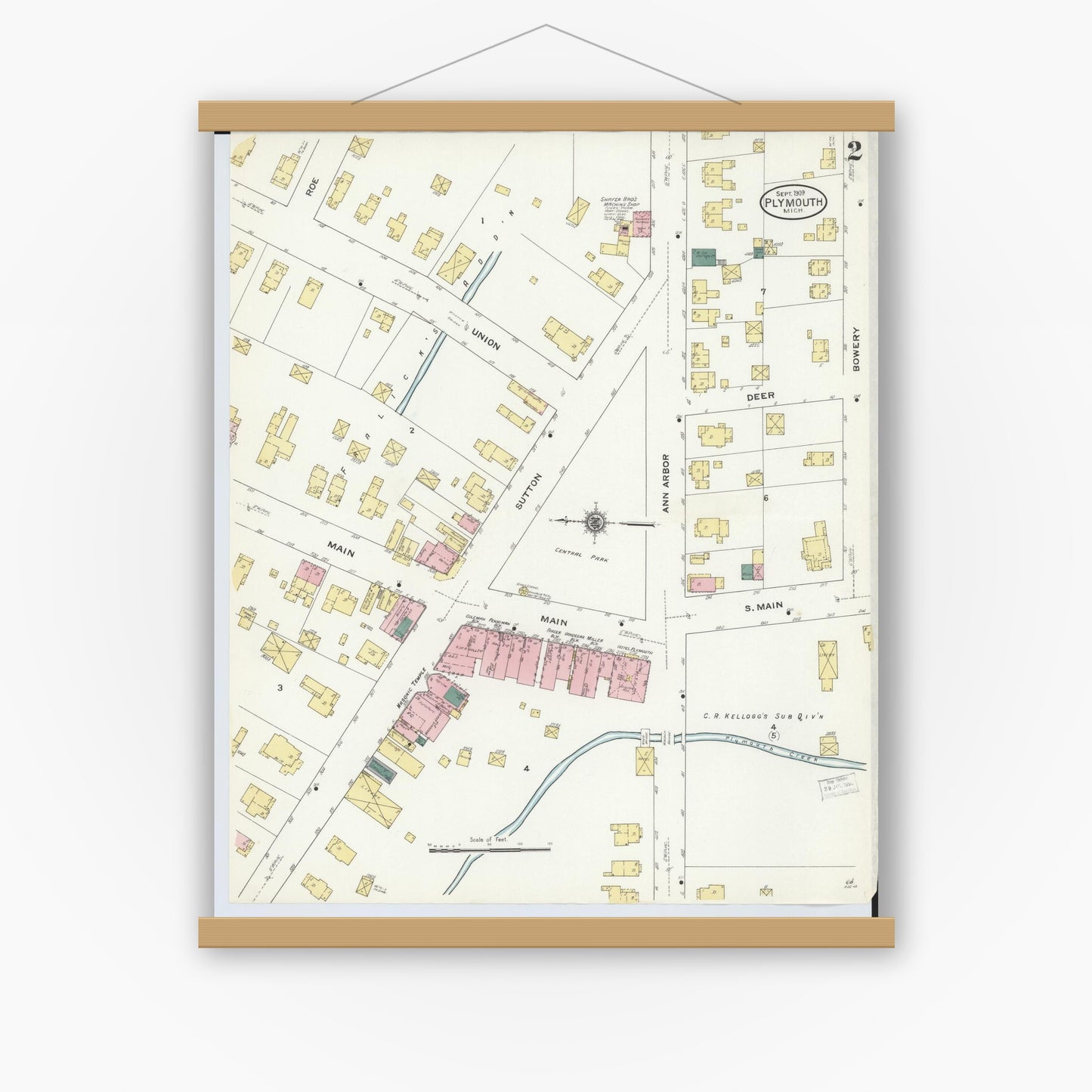 Old map wall art mockup — magnetic wood frame on white wall — Sanborn Fire Insurance Map from Plymouth, Wayne County, Michigan (1909), Sheet #0002