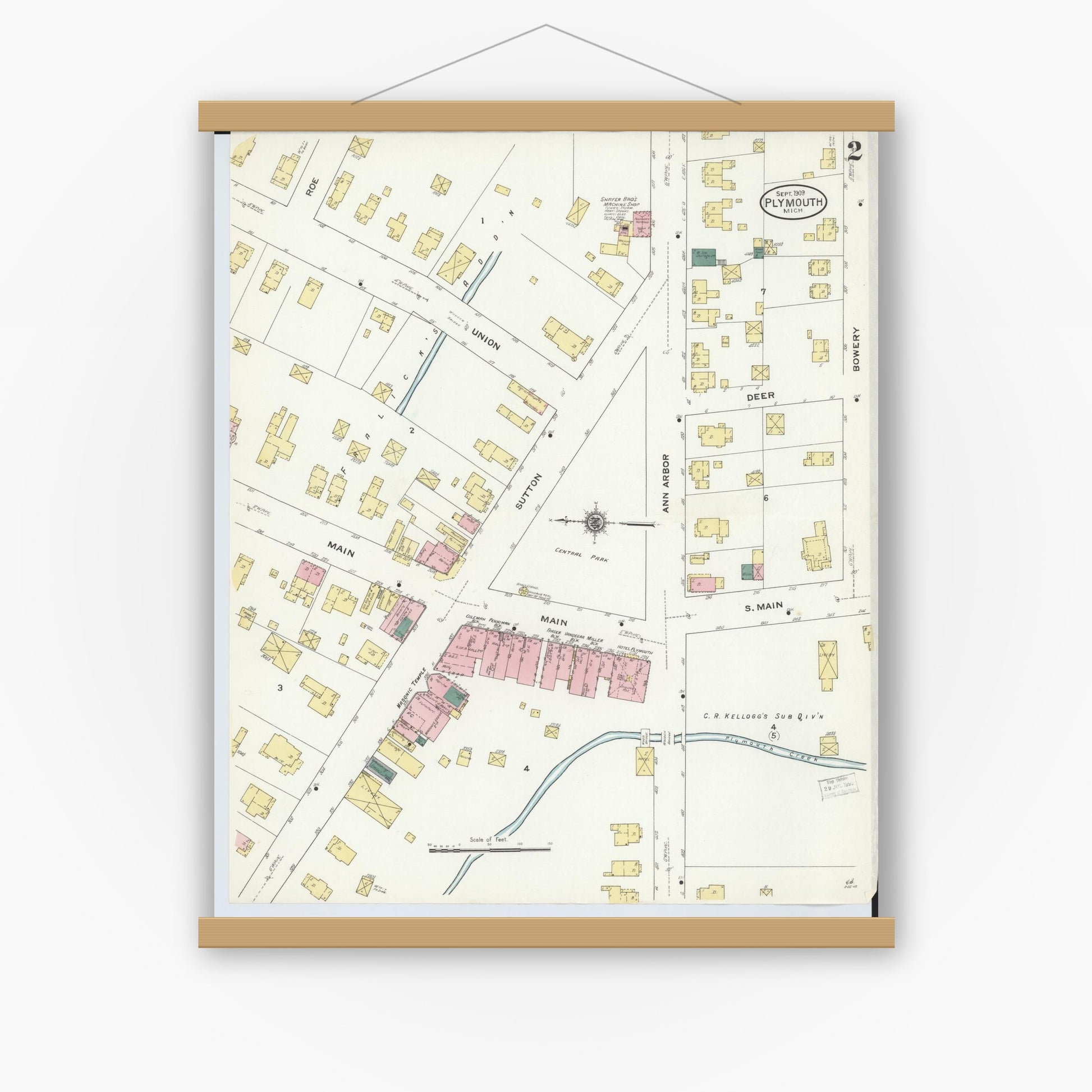 Old map wall art mockup — magnetic wood frame on white wall — Sanborn Fire Insurance Map from Plymouth, Wayne County, Michigan (1909), Sheet #0002