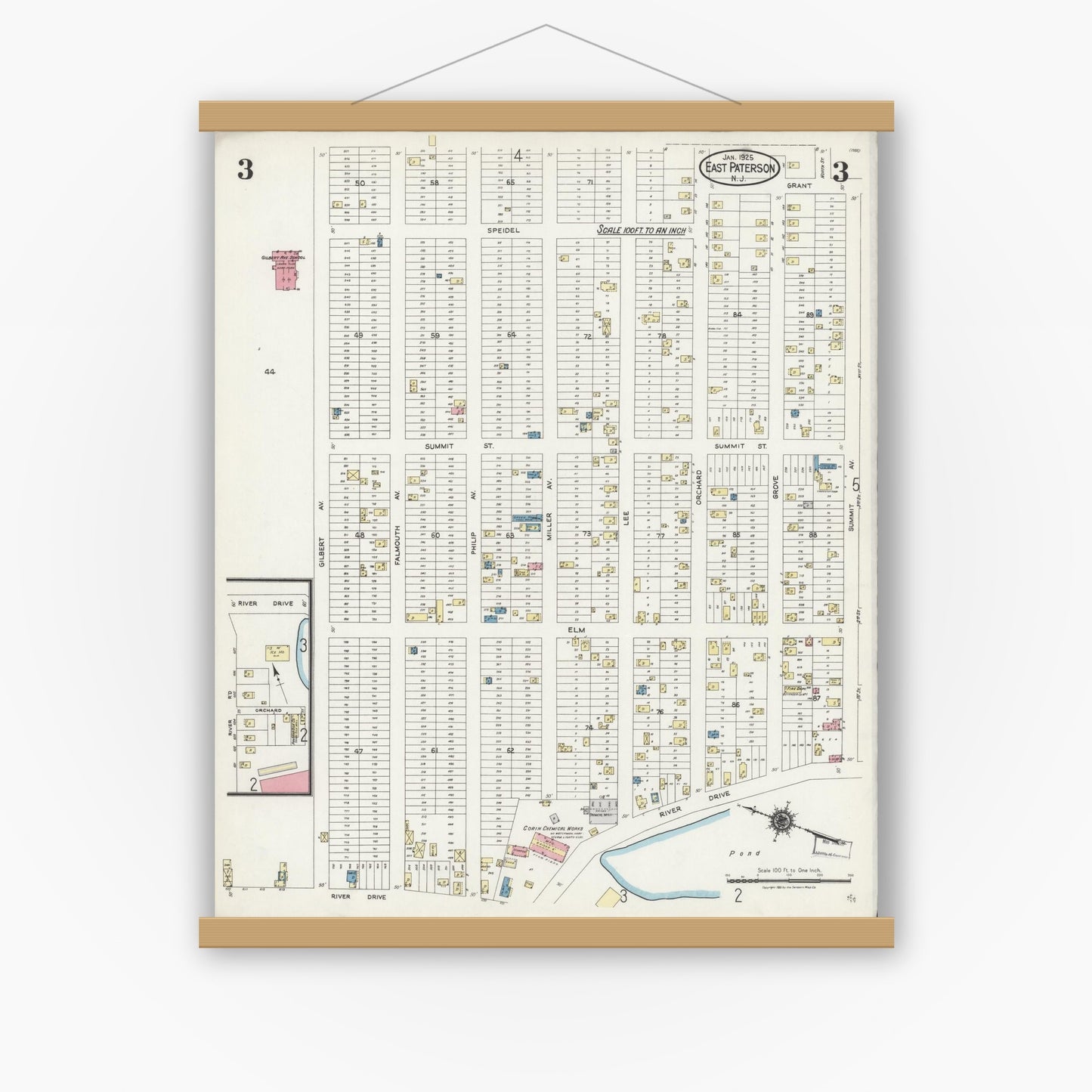 Old map wall art mockup — magnetic wood frame on white wall — Sanborn Fire Insurance Map from East Paterson, Bergen County, New Jersey (1925), Sheet #0003