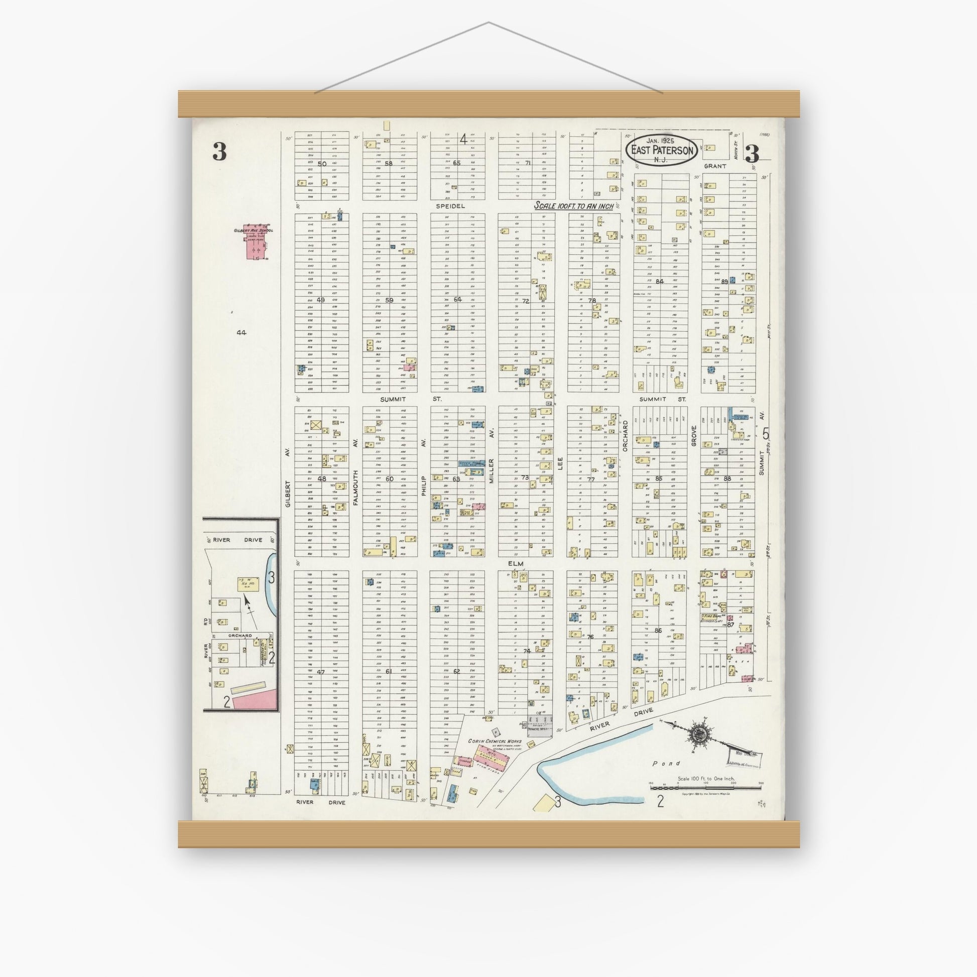 Old map wall art mockup — magnetic wood frame on white wall — Sanborn Fire Insurance Map from East Paterson, Bergen County, New Jersey (1925), Sheet #0003