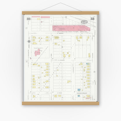 Old map wall art mockup — magnetic wood frame on white wall — Sanborn Fire Insurance Map from Owosso, Shiawassee County, Michigan (1930), Sheet #0033