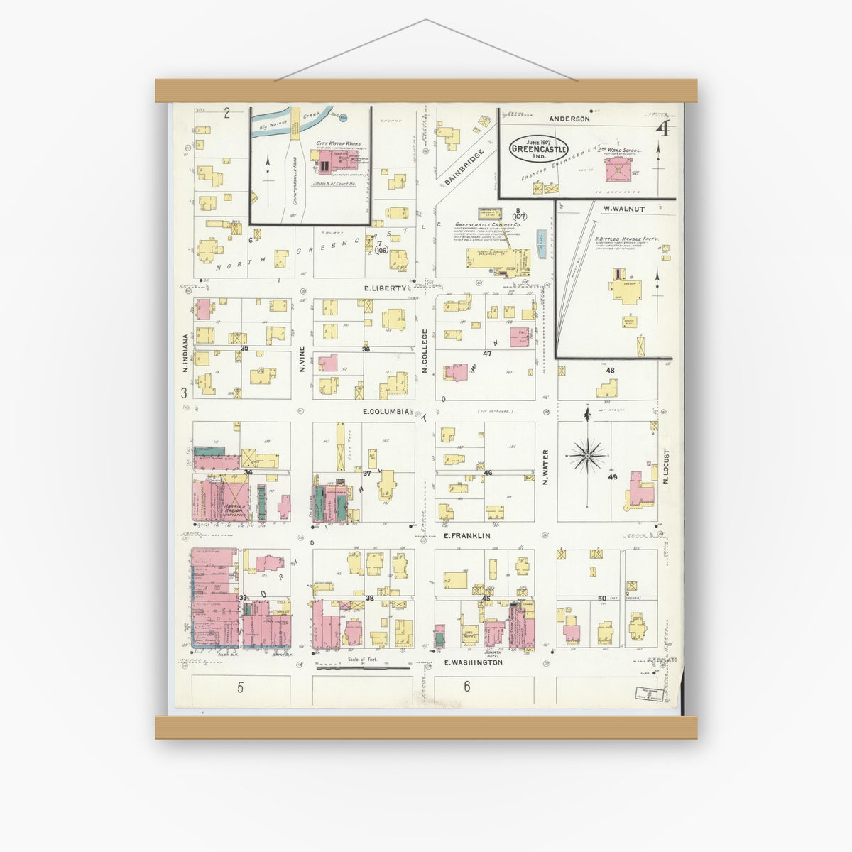 Old map wall art mockup — magnetic wood frame on white wall — Sanborn Fire Insurance Map from Greencastle, Putnam County, Indiana (1907), Sheet #0004