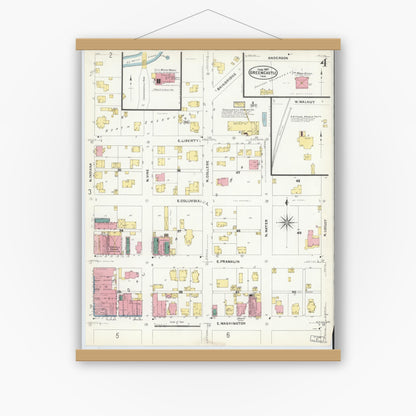 Old map wall art mockup — magnetic wood frame on white wall — Sanborn Fire Insurance Map from Greencastle, Putnam County, Indiana (1907), Sheet #0004