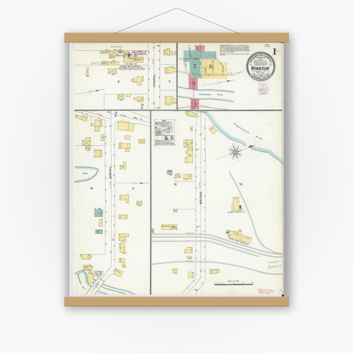 Old map wall art mockup — magnetic wood frame on white wall — Sanborn Fire Insurance Map from Windsor, Broome County, New York (1905), Sheet #0001