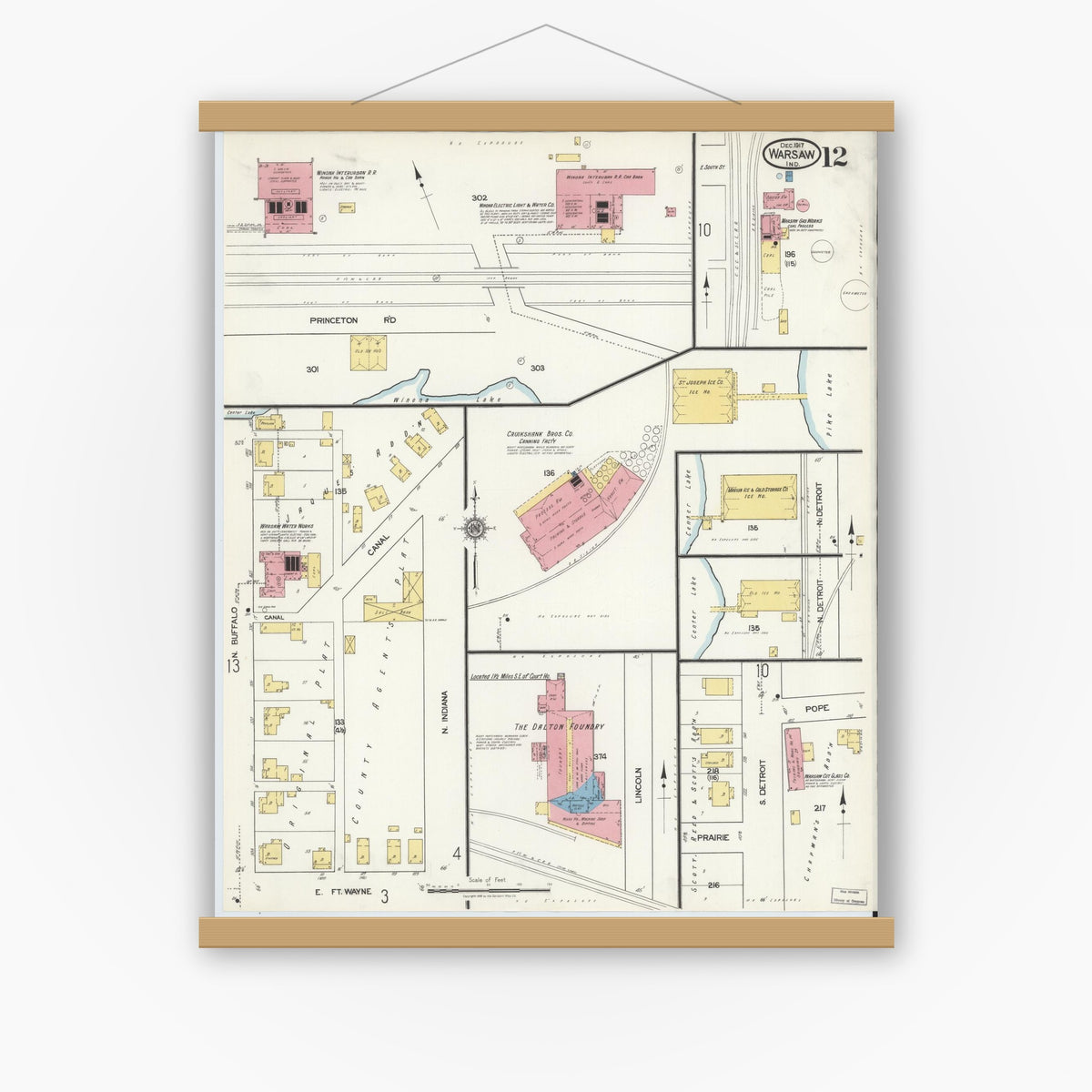 Old map wall art mockup — magnetic wood frame on white wall — Sanborn Fire Insurance Map from Warsaw, Kosciusko County, Indiana (1917), Sheet #0012