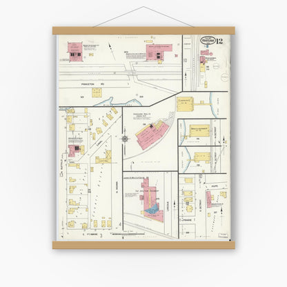 Old map wall art mockup — magnetic wood frame on white wall — Sanborn Fire Insurance Map from Warsaw, Kosciusko County, Indiana (1917), Sheet #0012