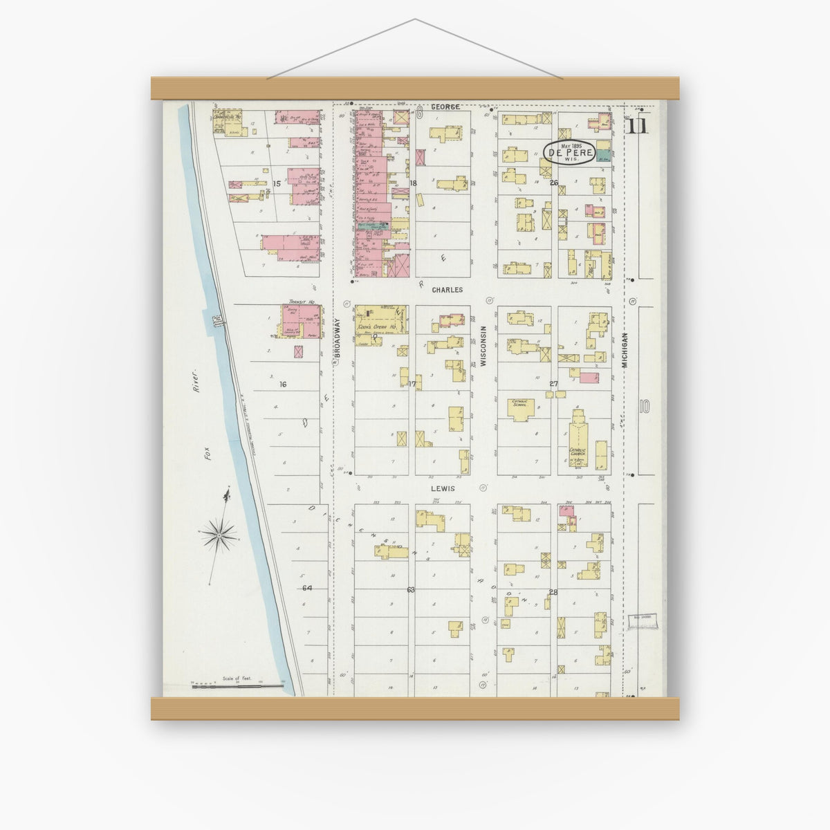 Old map wall art mockup — magnetic wood frame on white wall — Sanborn Fire Insurance Map from De Pere, Brown County, Wisconsin (1895), Sheet #0011