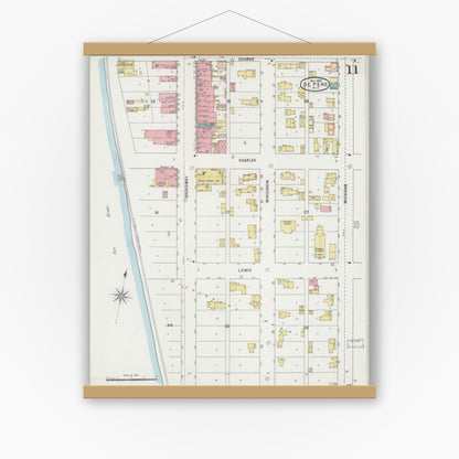 Old map wall art mockup — magnetic wood frame on white wall — Sanborn Fire Insurance Map from De Pere, Brown County, Wisconsin (1895), Sheet #0011