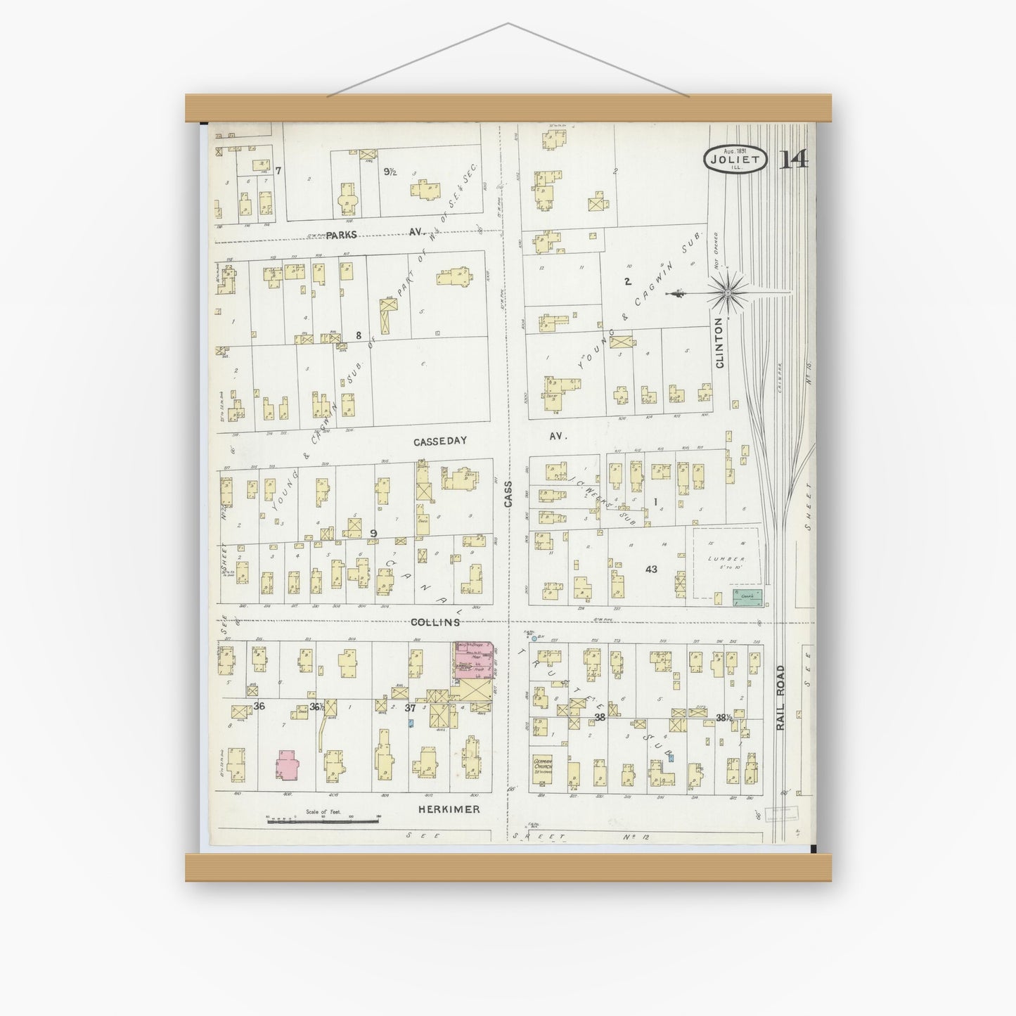 Old map wall art mockup — magnetic wood frame on white wall — Sanborn Fire Insurance Map from Joliet, Will County, Illinois (1891), Sheet #0014