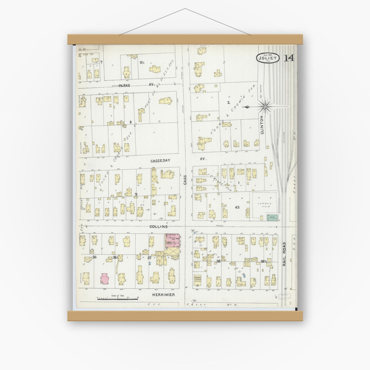 Old map wall art mockup — magnetic wood frame on white wall — Sanborn Fire Insurance Map from Joliet, Will County, Illinois (1891), Sheet #0014