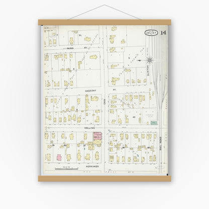 Old map wall art mockup — magnetic wood frame on white wall — Sanborn Fire Insurance Map from Joliet, Will County, Illinois (1891), Sheet #0014