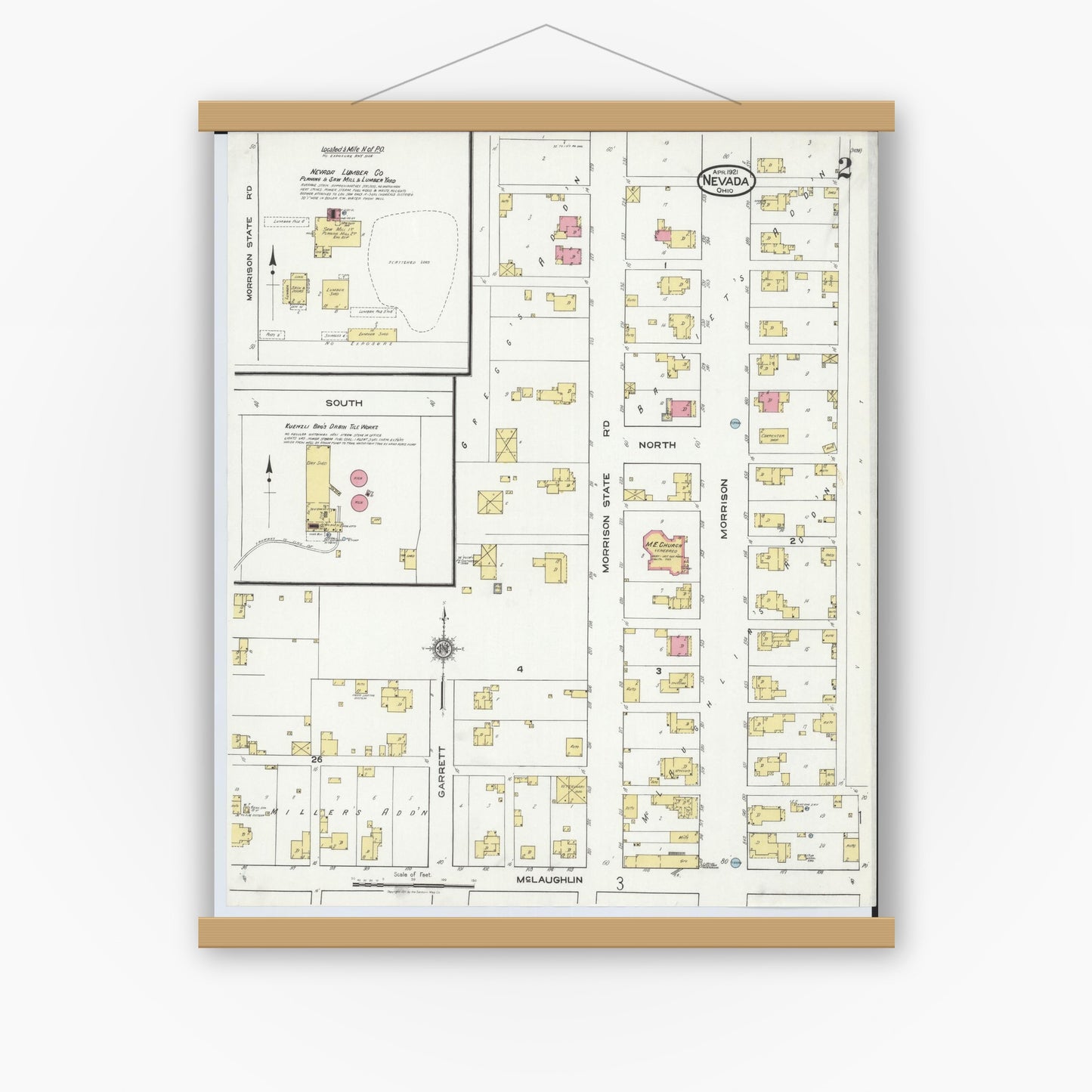 Old map wall art mockup — magnetic wood frame on white wall — Sanborn Fire Insurance Map from Nevada, Wyandot County, Ohio (1921), Sheet #0002