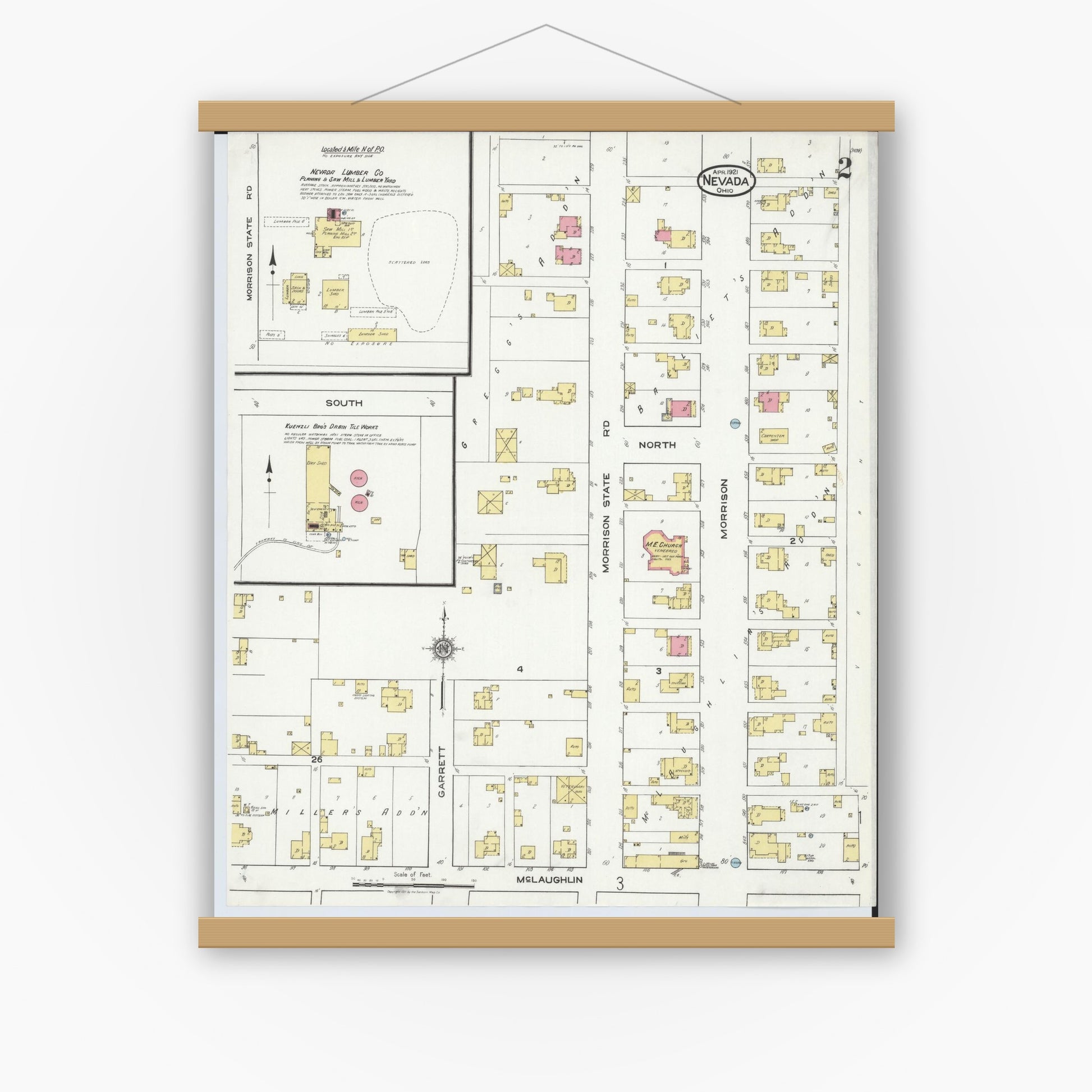 Old map wall art mockup — magnetic wood frame on white wall — Sanborn Fire Insurance Map from Nevada, Wyandot County, Ohio (1921), Sheet #0002