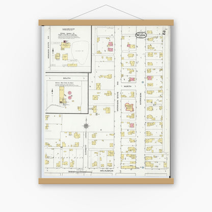 Old map wall art mockup — magnetic wood frame on white wall — Sanborn Fire Insurance Map from Nevada, Wyandot County, Ohio (1921), Sheet #0002