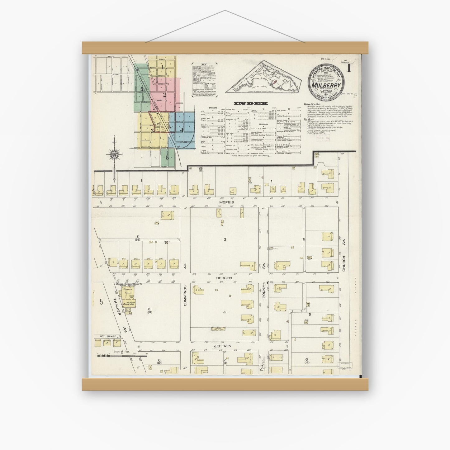 Old map wall art mockup — magnetic wood frame on white wall — Sanborn Fire Insurance Map from Mulberry, Polk County, Florida (1914) - Complete Map Set