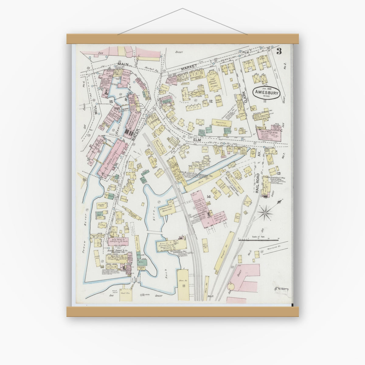 Old map wall art mockup — magnetic wood frame on white wall — Sanborn Fire Insurance Map from Amesbury, Essex County, Massachusetts (1889), Sheet #0003