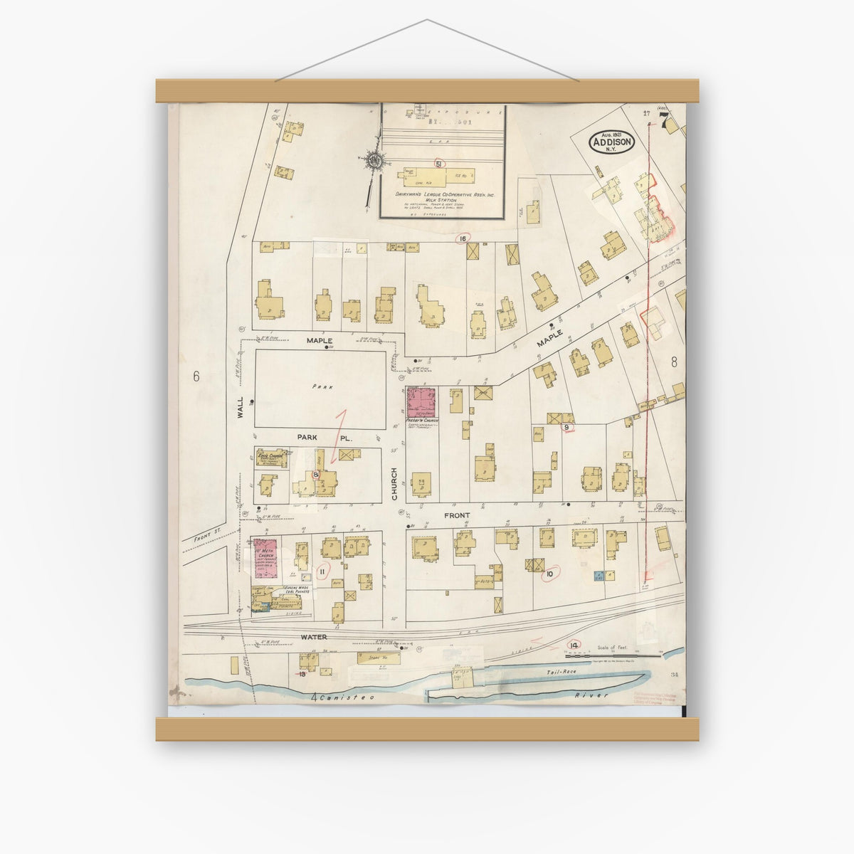 Old map wall art mockup — magnetic wood frame on white wall — Sanborn Fire Insurance Map from Addison, Steuben County, New York (1945), Sheet #0007