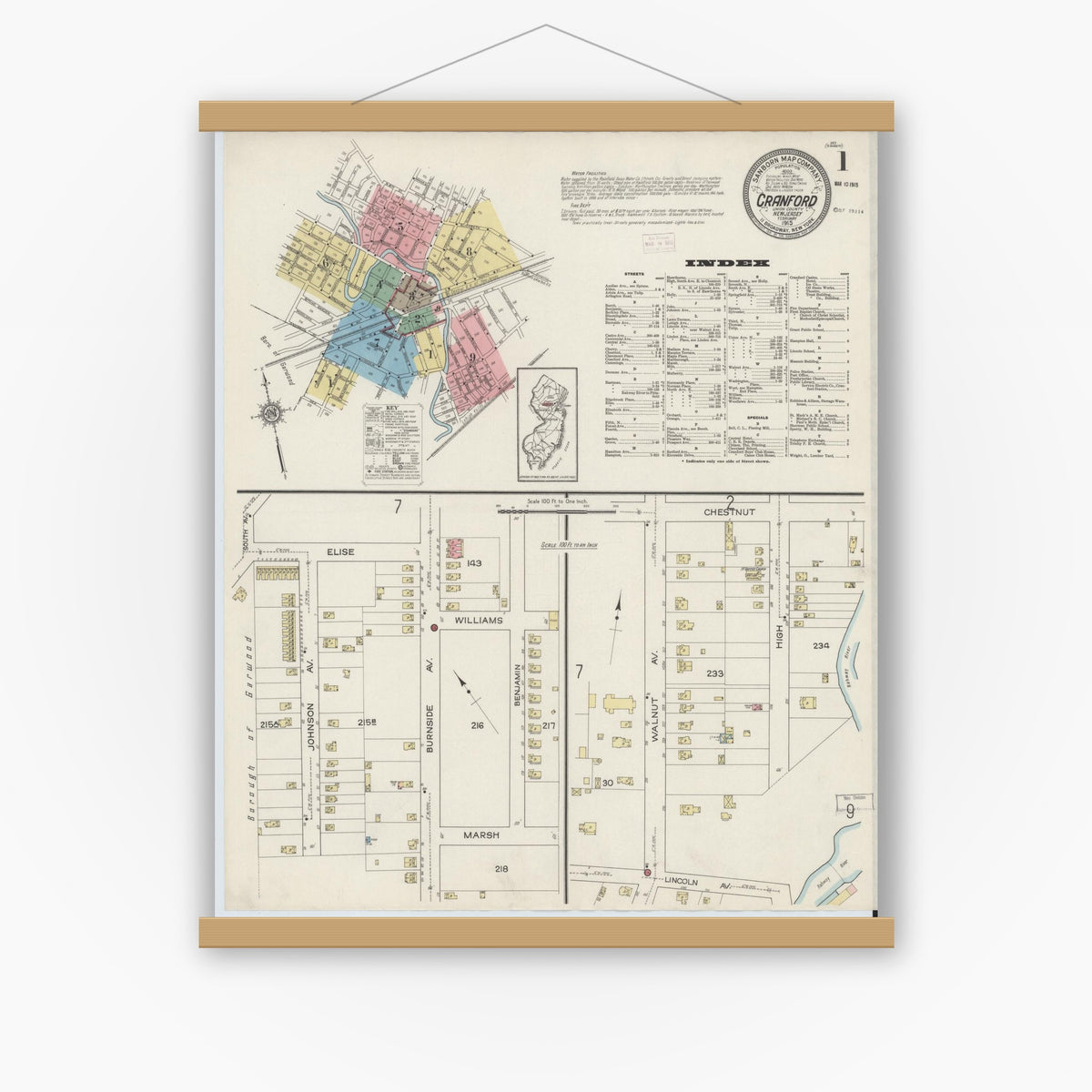 Old map wall art mockup — magnetic wood frame on white wall — Sanborn Fire Insurance Map from Cranford, Union County, New Jersey (1915), Sheet #0001
