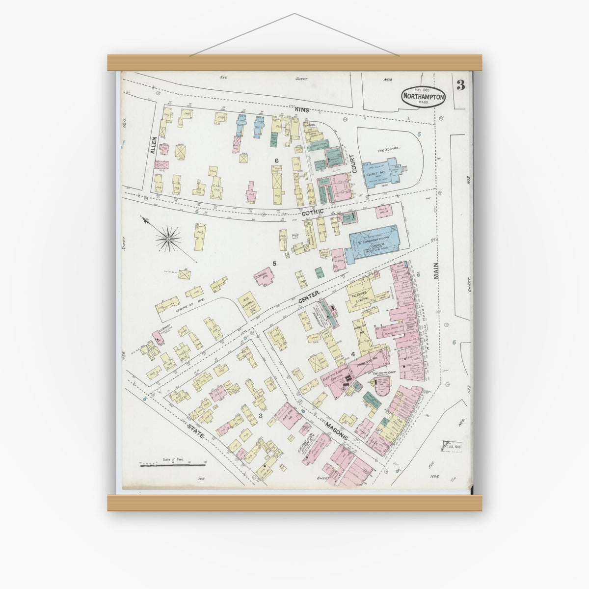 Old map wall art mockup — magnetic wood frame on white wall — Sanborn Fire Insurance Map from Northampton, Hampshire County, Massachusetts (1889), Sheet #0003