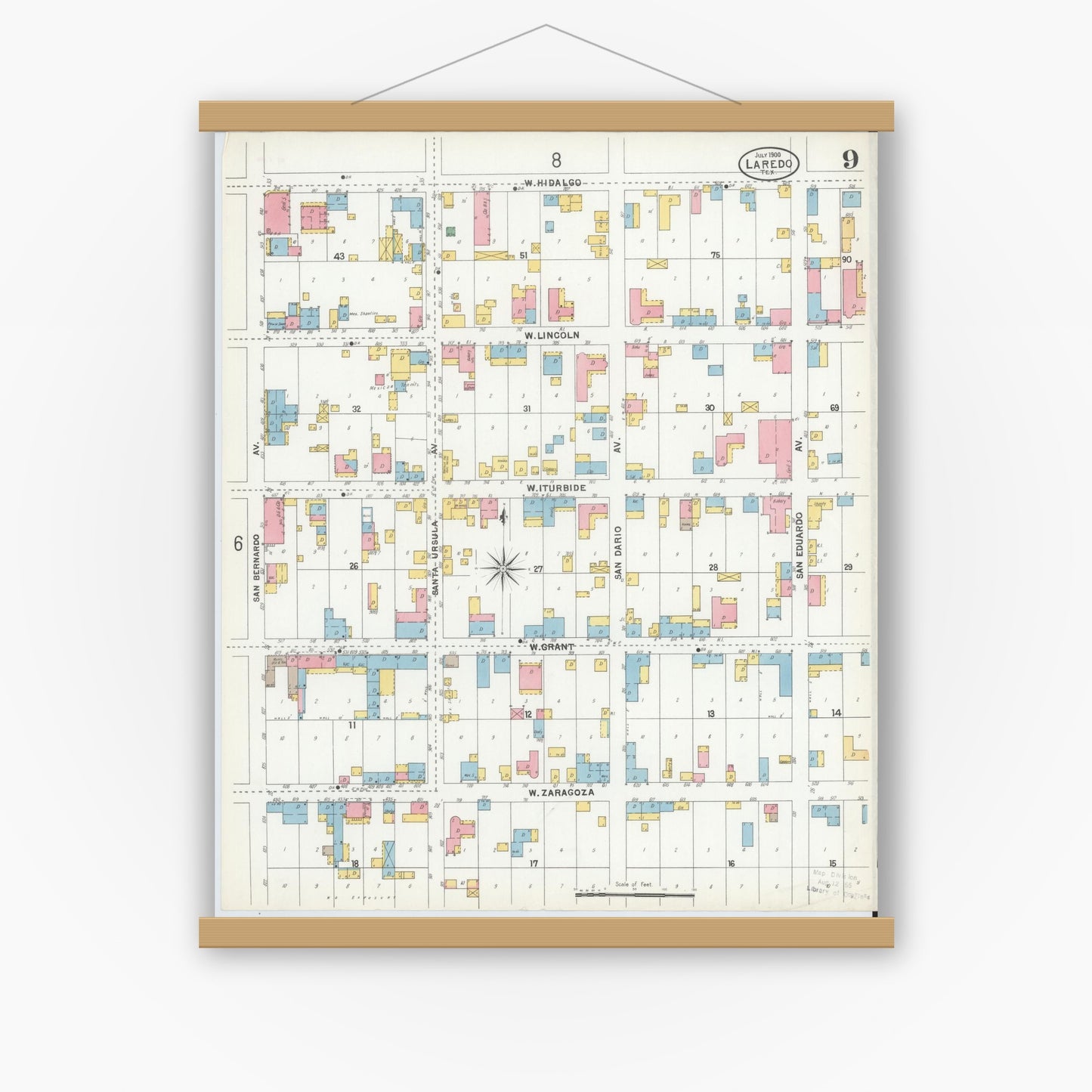 Old map wall art mockup — magnetic wood frame on white wall — Sanborn Fire Insurance Map from Laredo, Webb County, Texas (1900), Sheet #0009