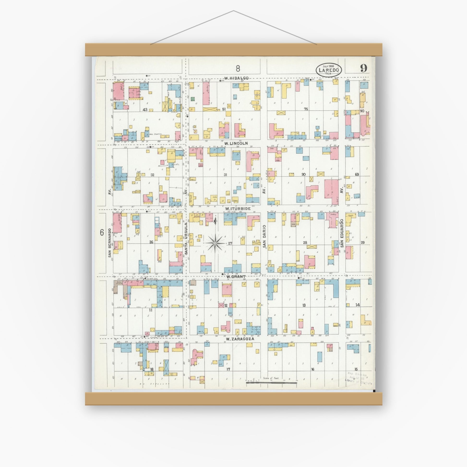 Old map wall art mockup — magnetic wood frame on white wall — Sanborn Fire Insurance Map from Laredo, Webb County, Texas (1900), Sheet #0009