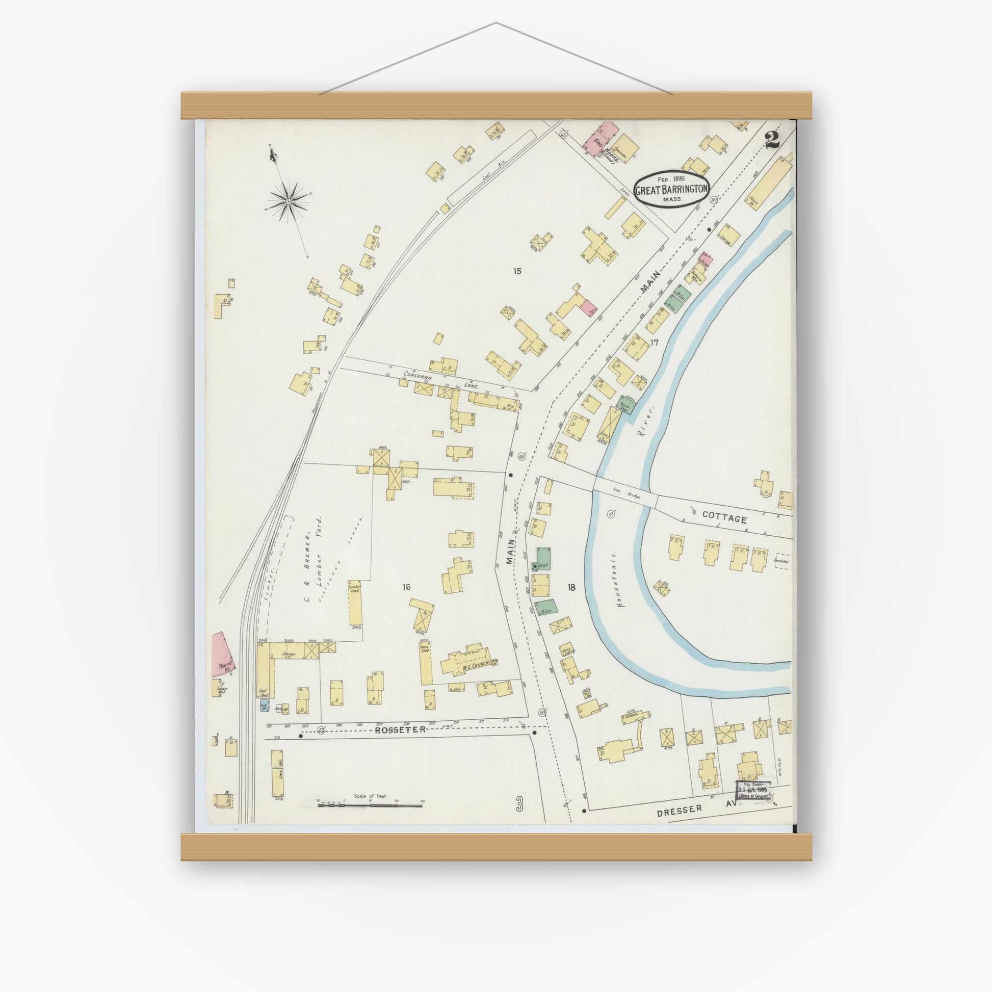 Old map wall art mockup — magnetic wood frame on white wall — Sanborn Fire Insurance Map from Great Barrington, Berkshire County, Massachusetts (1895), Sheet #0002