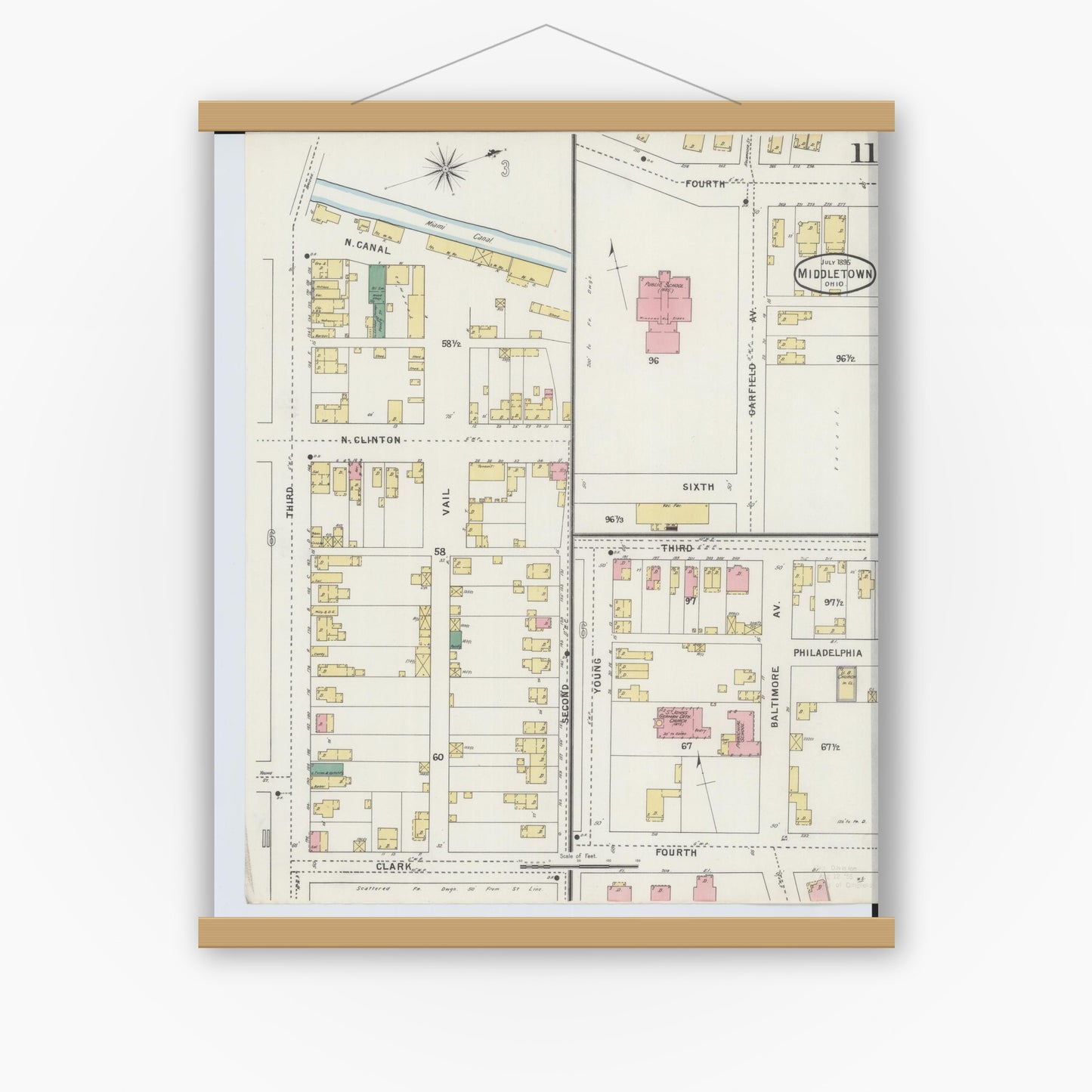 Old map wall art mockup — magnetic wood frame on white wall — Sanborn Fire Insurance Map from Middletown, Butler County, Ohio (1895), Sheet #0011