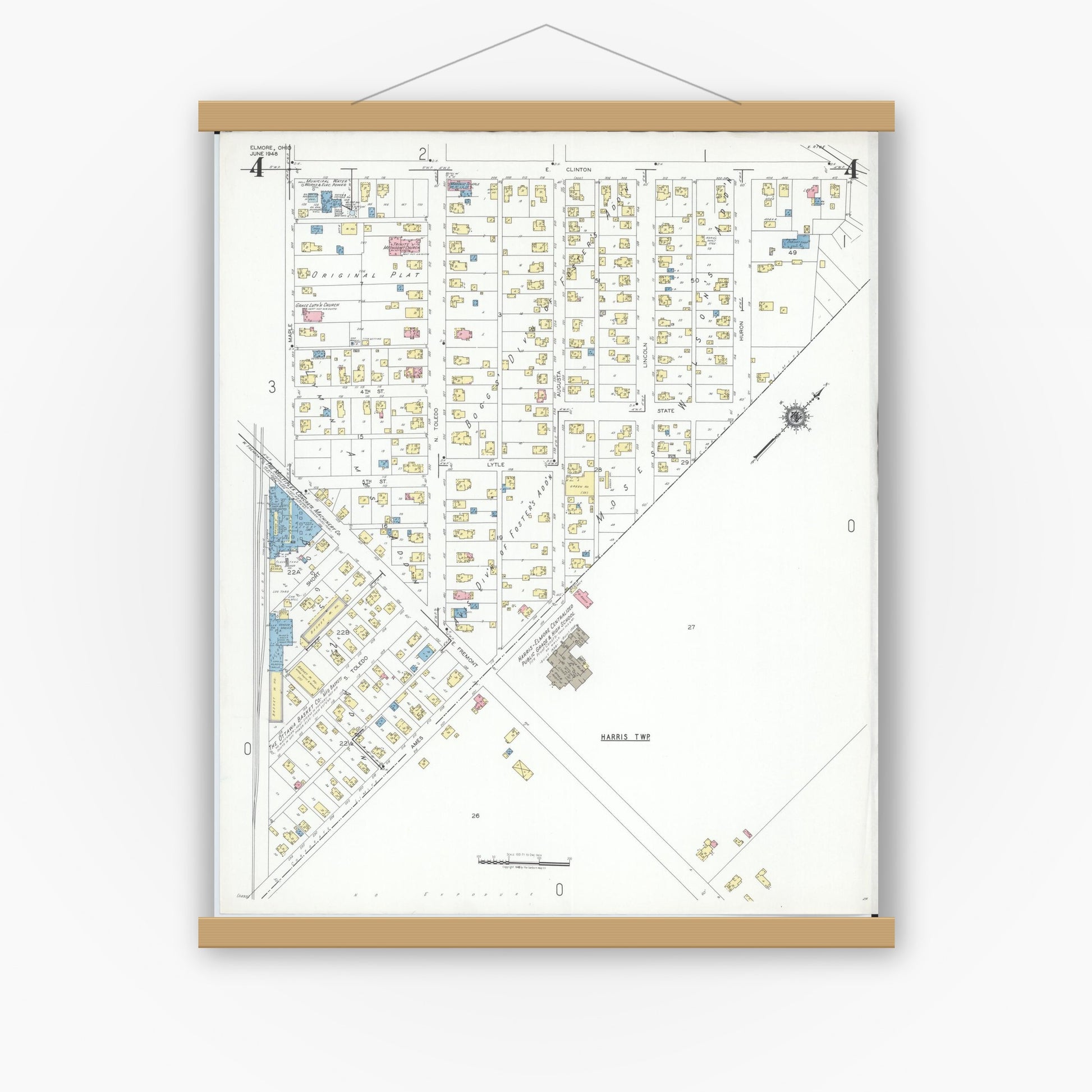 Old map wall art mockup — magnetic wood frame on white wall — Sanborn Fire Insurance Map from Elmore, Ottawa County, Ohio (1948), Sheet #0004
