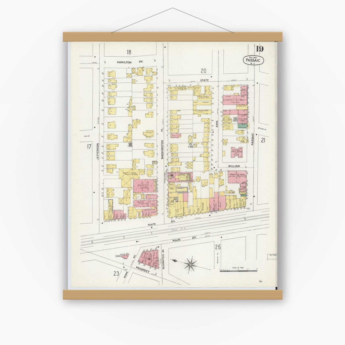 Old map wall art mockup — magnetic wood frame on white wall — Sanborn Fire Insurance Map from Passaic, Passaic County, New Jersey (1903), Sheet #0019