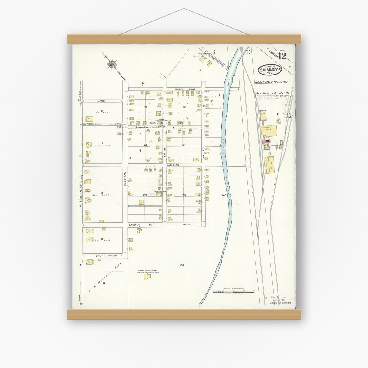 Old map wall art mockup — magnetic wood frame on white wall — Sanborn Fire Insurance Map from San Marcos, Hays County, Texas (1922), Sheet #0012