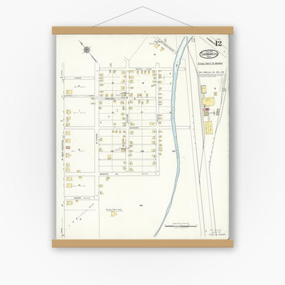 Old map wall art mockup — magnetic wood frame on white wall — Sanborn Fire Insurance Map from San Marcos, Hays County, Texas (1922), Sheet #0012