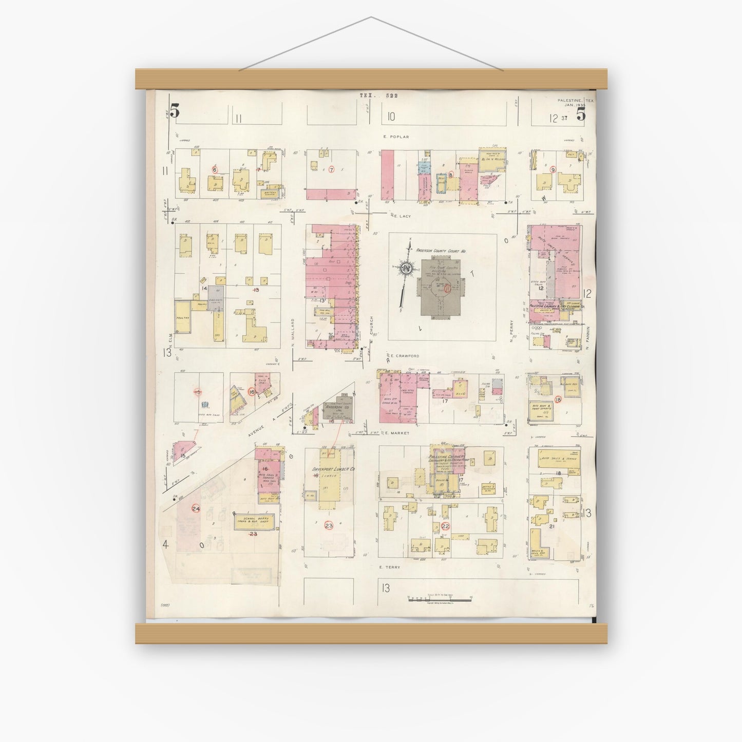 Old map wall art mockup — magnetic wood frame on white wall — Sanborn Fire Insurance Map from Palestine, Anderson County, Texas (1949), Sheet #0005