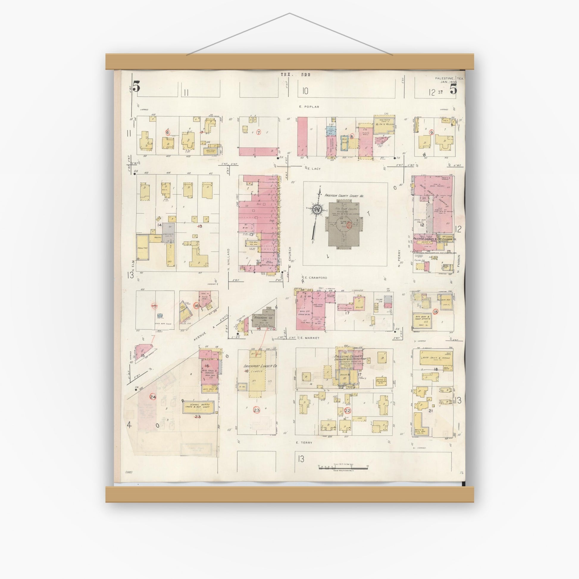 Old map wall art mockup — magnetic wood frame on white wall — Sanborn Fire Insurance Map from Palestine, Anderson County, Texas (1949), Sheet #0005