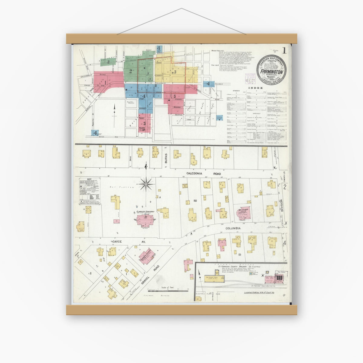 Old map wall art mockup — magnetic wood frame on white wall — Sanborn Fire Insurance Map from Farmington, Saint Francois County, Missouri (1908) - Complete Map Set